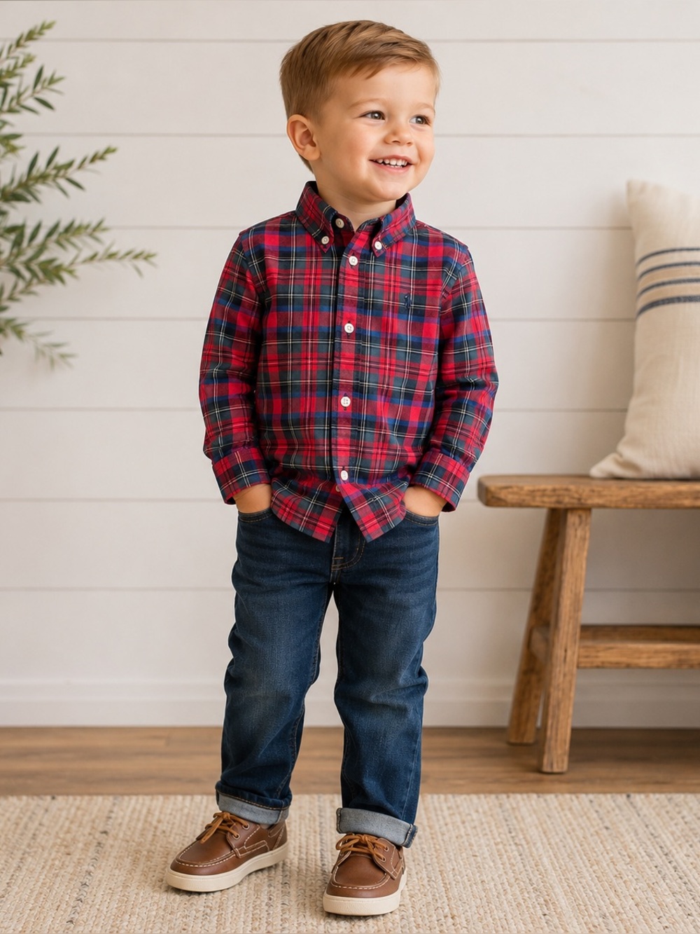 Ralph Lauren Boys 24M Red Plaid Button Down Shirt Preppy Tartan